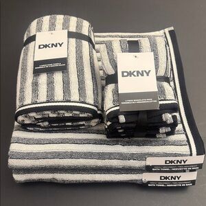8pc DKNY 100% Cotton Black and White Striped Bath Towel Set - Highly Absorbent